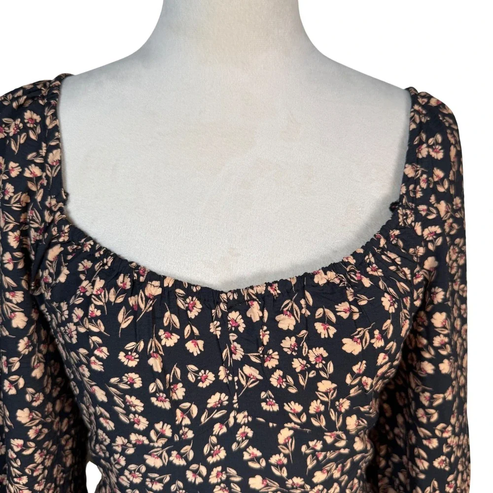a.n.a Floral Sweetheart Midi Dress Pockets Smocked Balloon Sleeve M Boho Retro - Picture 7 of 16